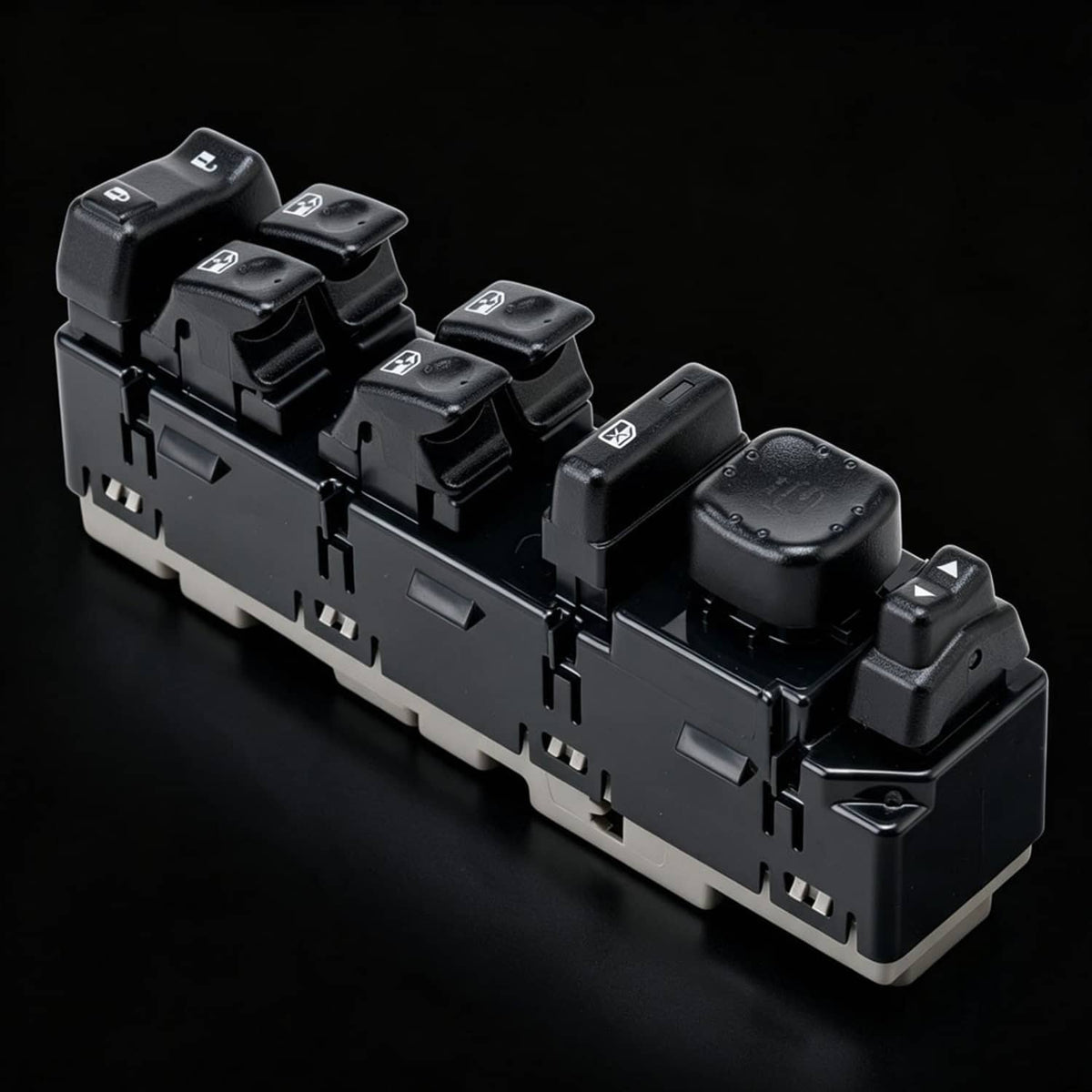 Master power window switch assembly, black multi-button control panel with window icons