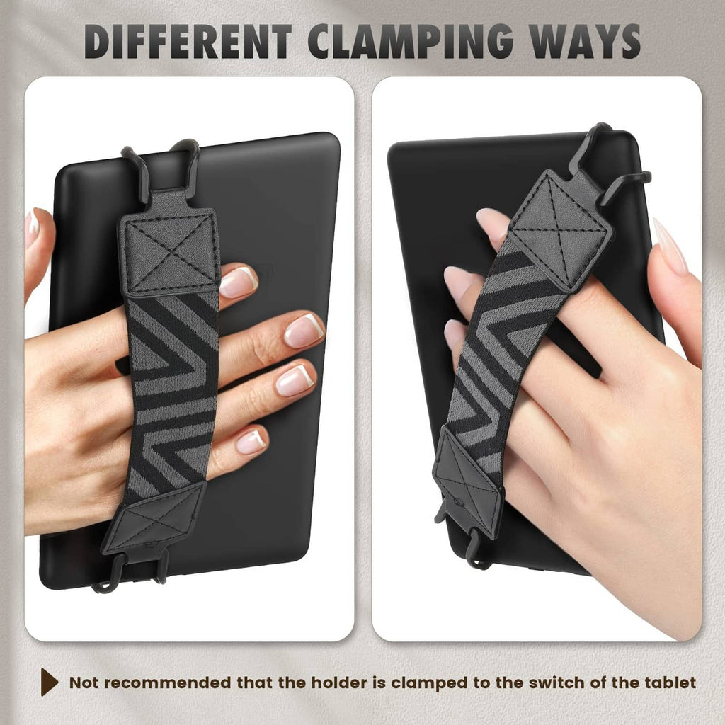 Black hand strap clamp securing a tablet on the back, showing two grip positions