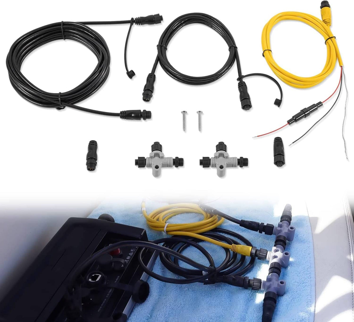 NMEA 2000 starter kit with black and yellow backbone, drop, and power cables