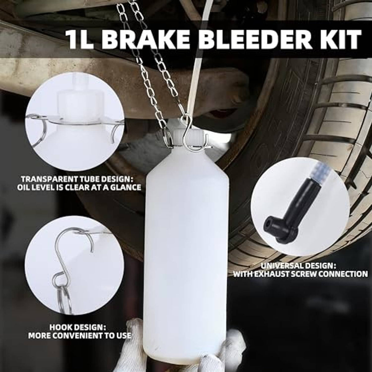 Brake bleeder canister with clear tube, hook chain, and universal exhaust screw connection