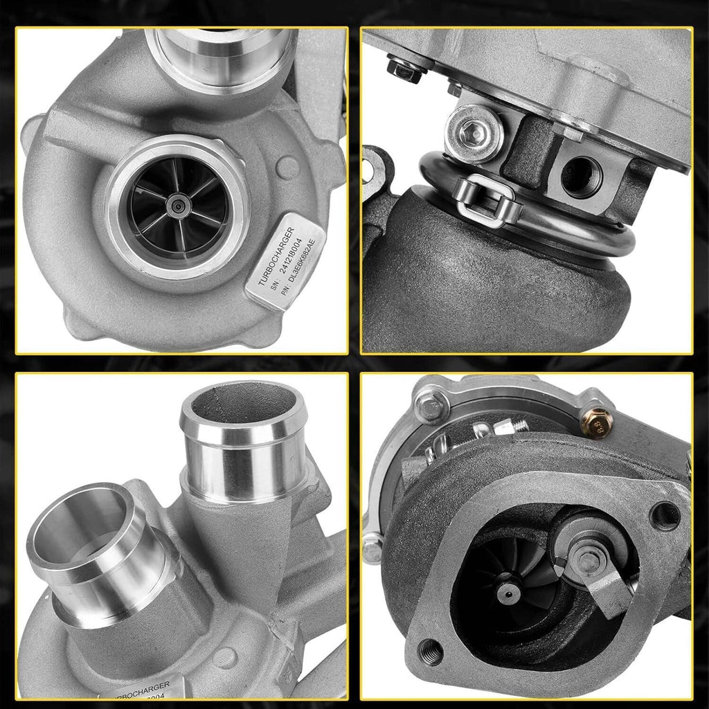 Silver turbocharger with turbine housing and mounting flange, close-up details