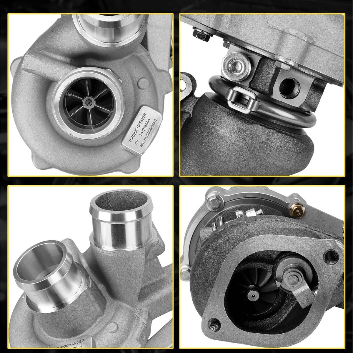 Silver turbocharger with turbine housing and mounting flange, close-up details
