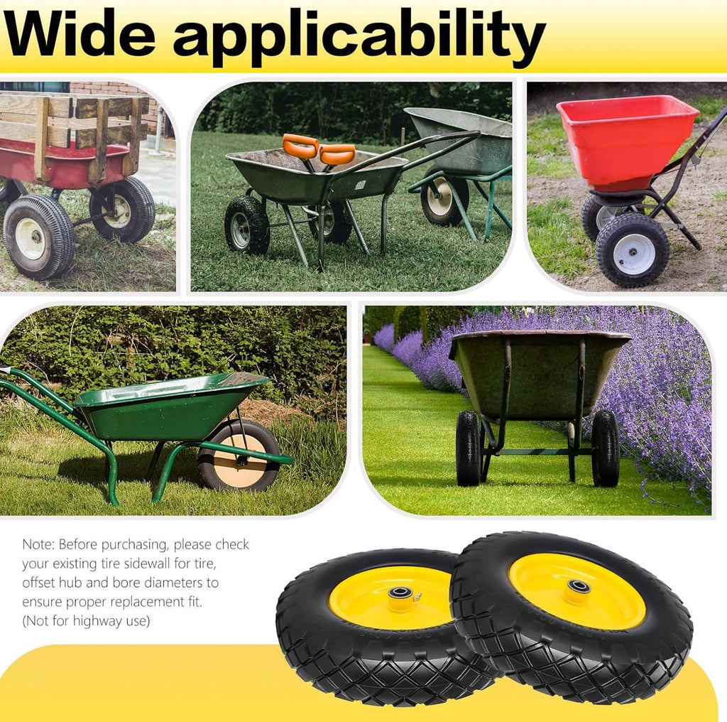 Solid wheelbarrow tires with yellow rims and black tread, wide applicability on carts