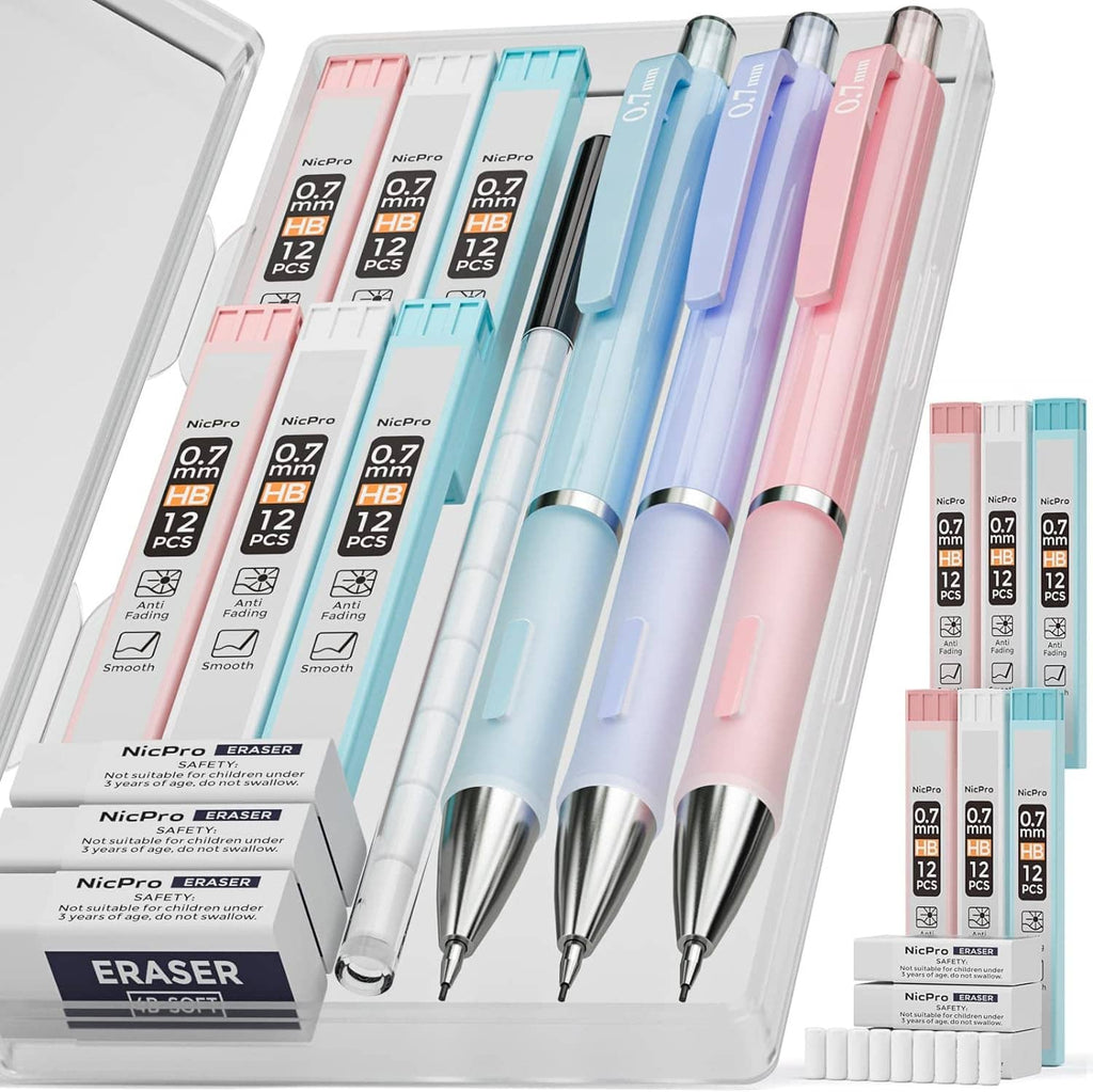 Pastel mechanical pencil set in case with three 0.7mm pencils and lead tubes