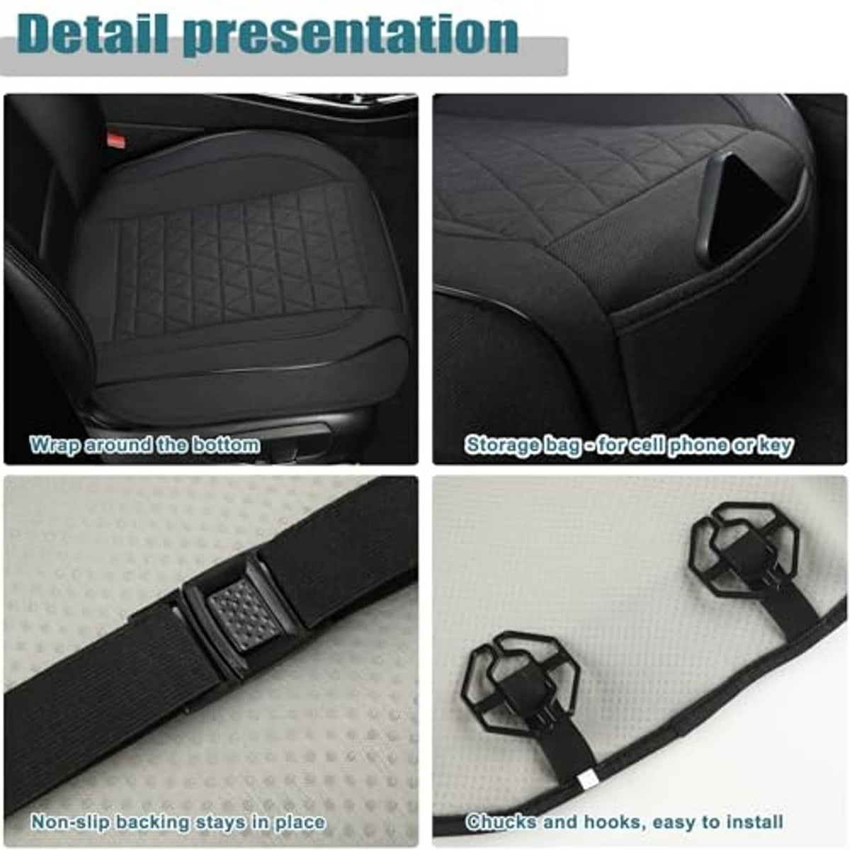 Black car seat covers with triangular quilt pattern, non-slip backing and straps.