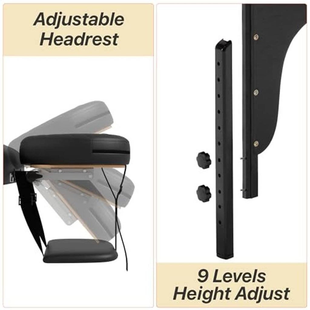 Adjustable massage table headrest with multiple height positions on the black frame