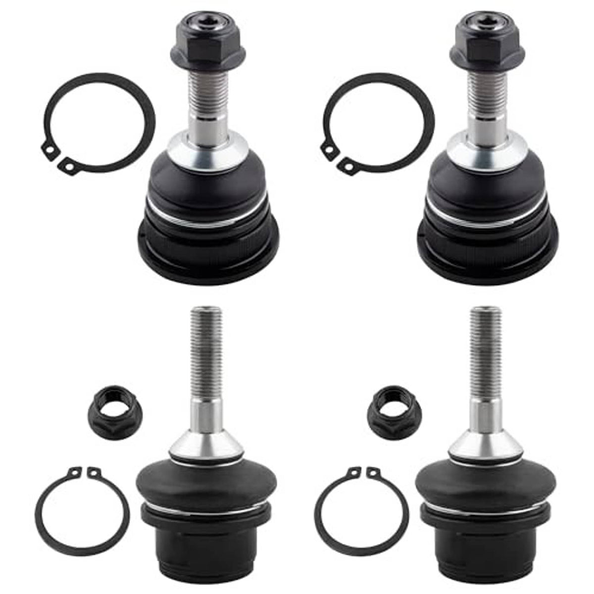 Front ball joint kit: two black boots, silver studs, nuts, and round mounting rings