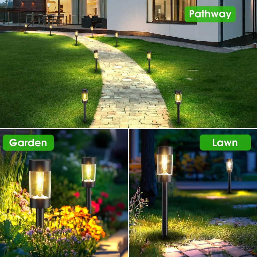 Eight solar pathway lights in black with warm white glow, spaced along walkway