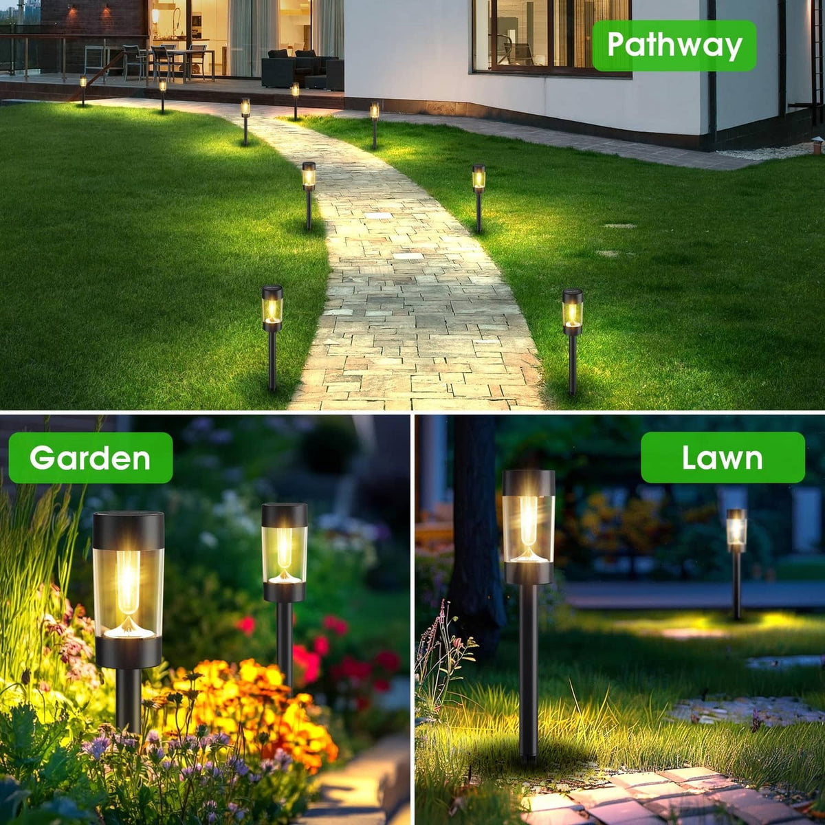 Eight solar pathway lights in black with warm white glow, spaced along walkway