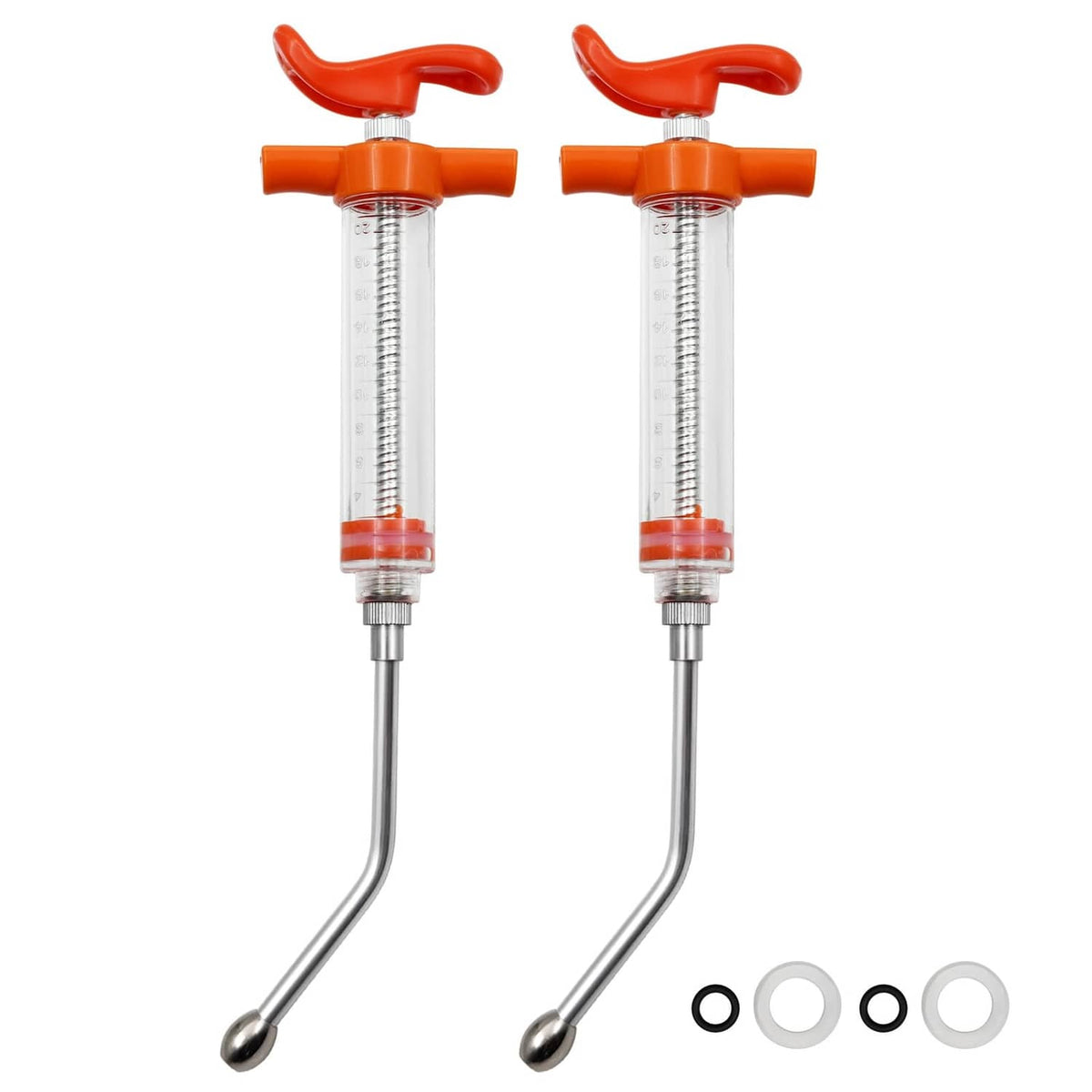 Orange adjustable dosing drench syringe gun with clear barrel and metal tube