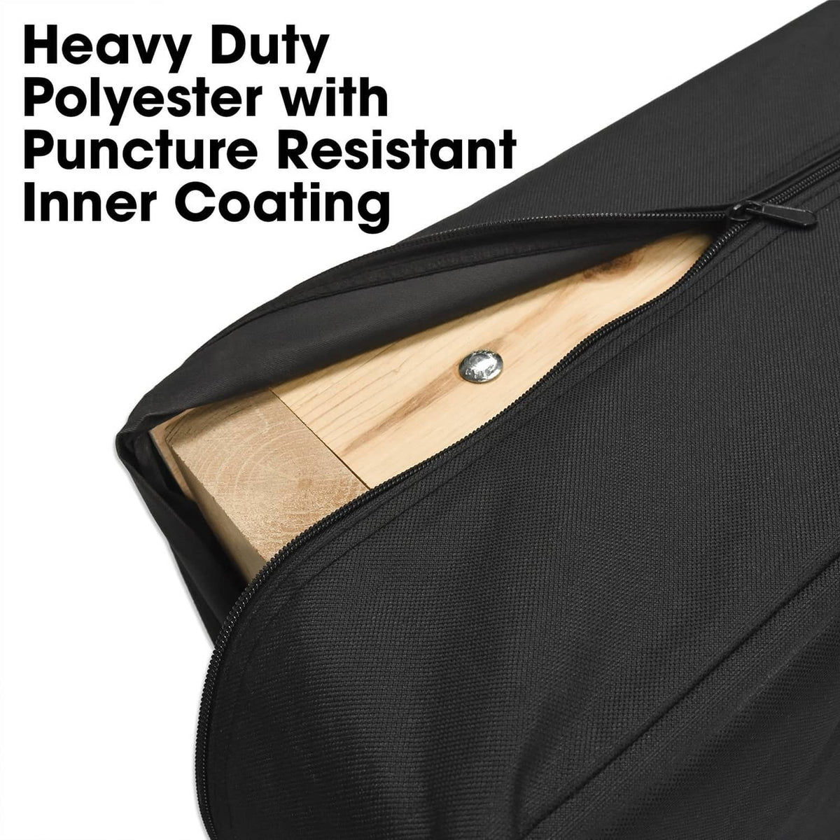Black corn hole carry case open with zipper, puncture-resistant inner lining