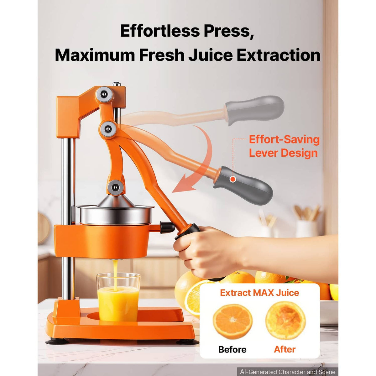 Orange manual hand press citrus juicer with lever and stainless juice cone