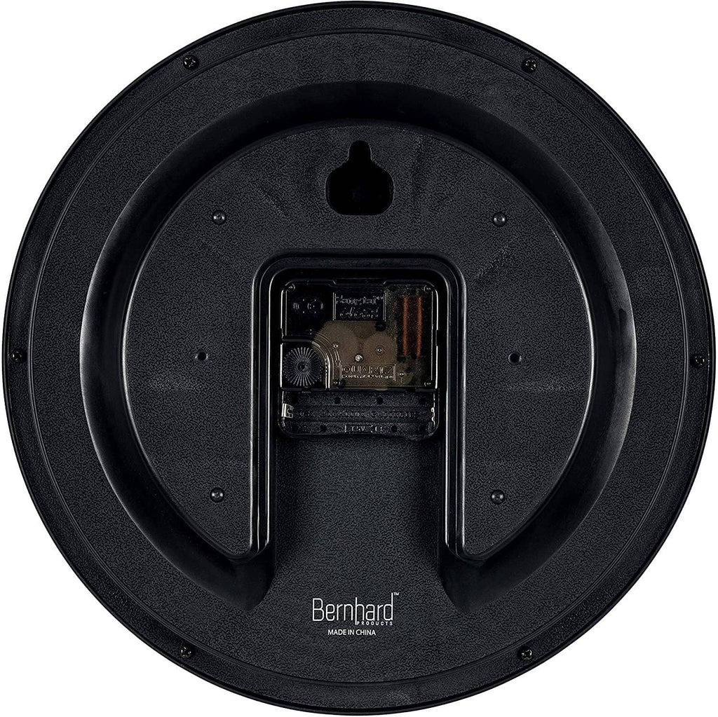 Back of black wall clock showing inner mechanism and mounting cover