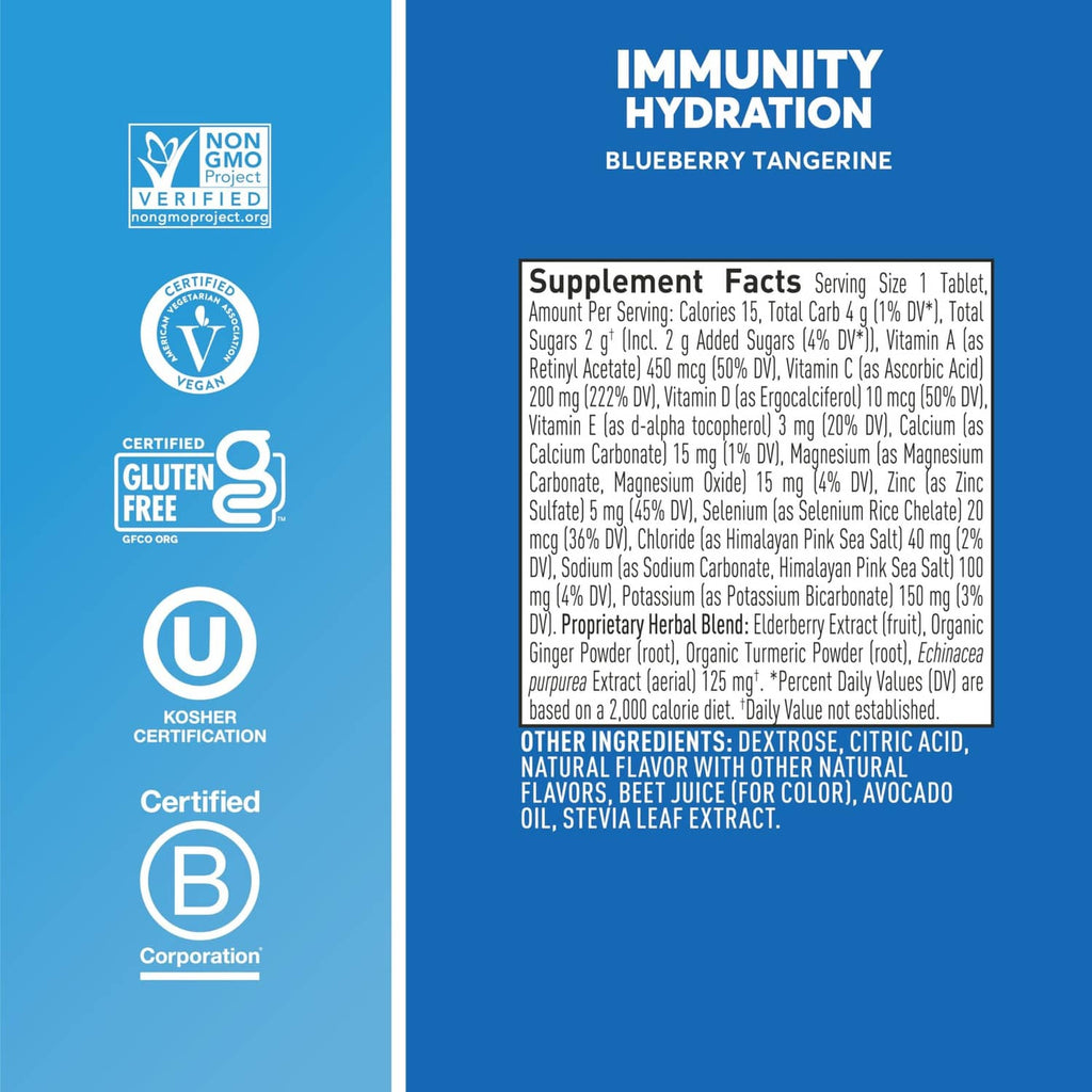 Back label view of Nuun immunity hydration bottle with gluten-free and supplement facts