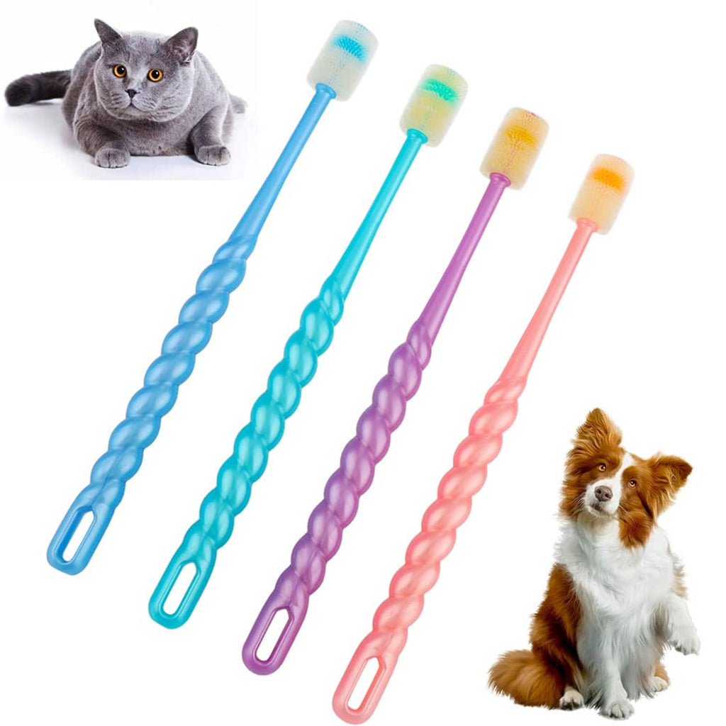 Four-piece soft silicone pet toothbrush set with blue, cyan, purple, and pink handles