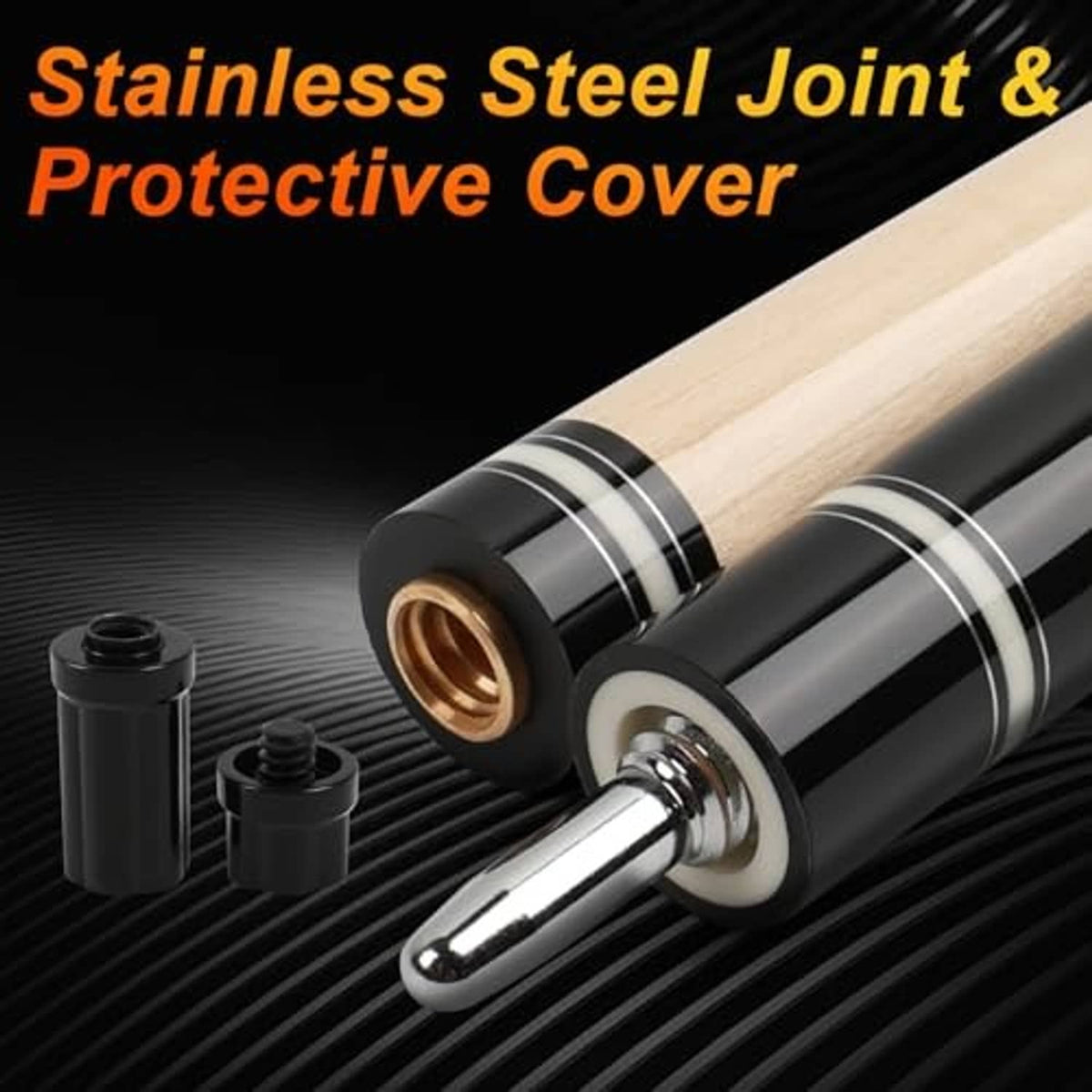Pool cue joint with stainless steel connector and protective sleeve end cap