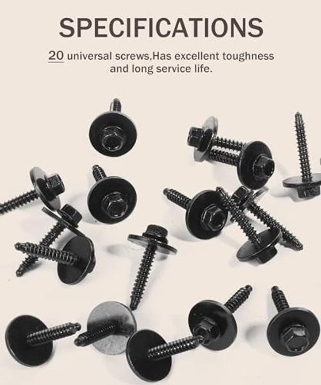 20 universal black screws with round heads and threaded shafts, assorted angles