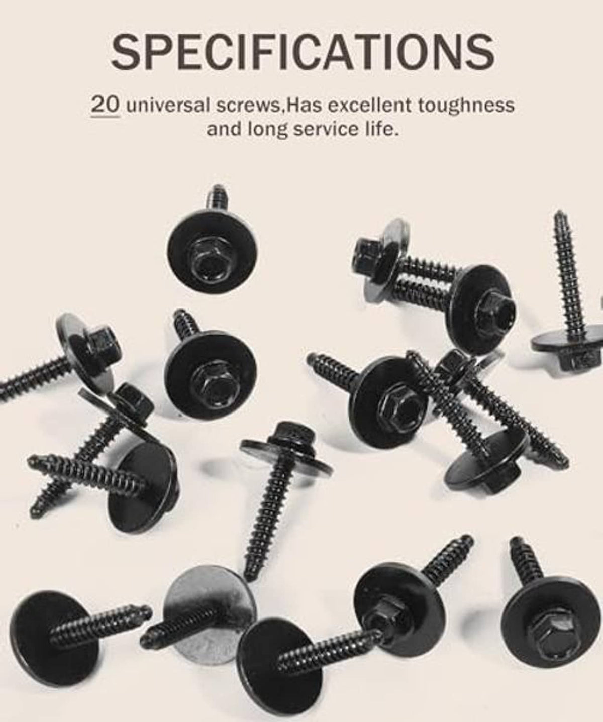 20 universal black screws with round heads and threaded shafts, assorted angles