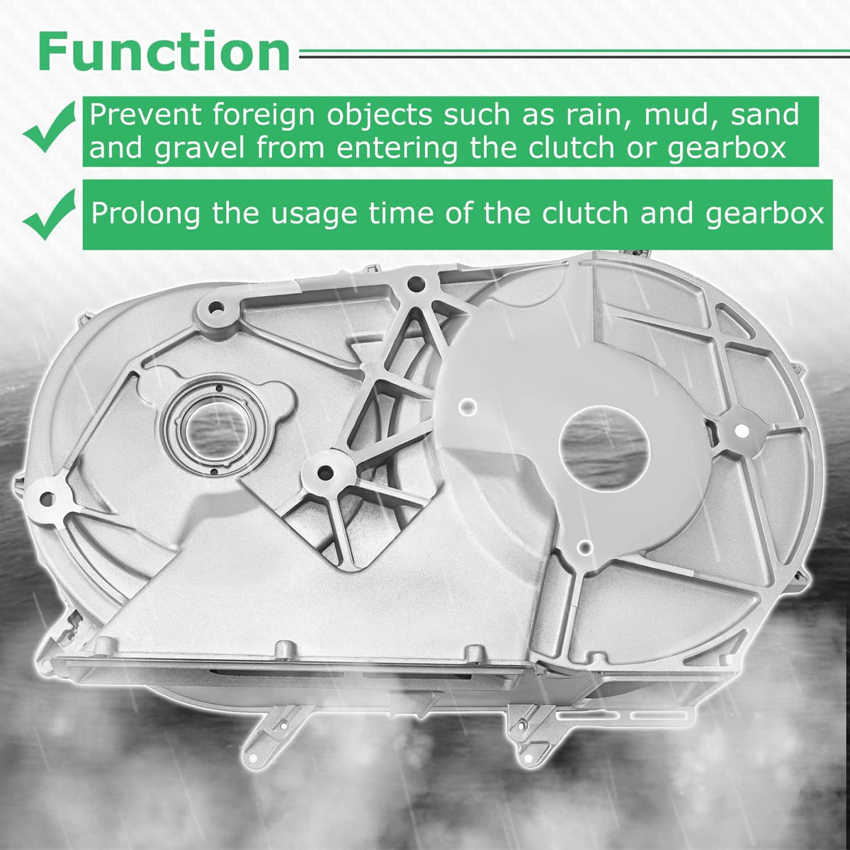 Aluminum inner clutch cover with two large openings and circular service port, light gray