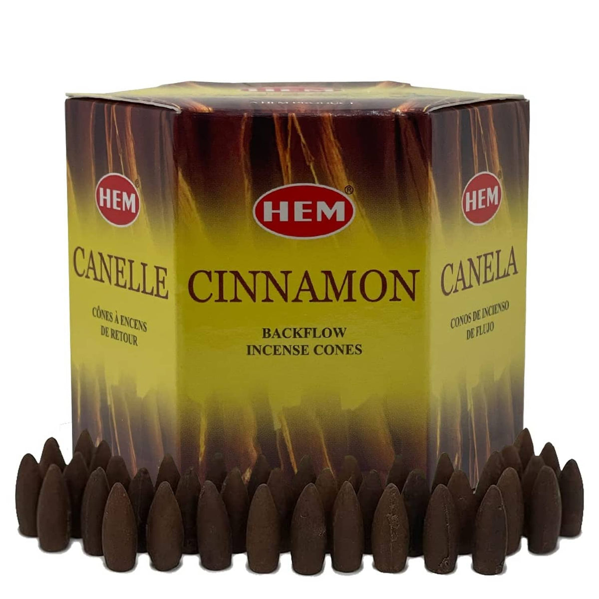 Backflow incense cones gift box with dark brown cones arranged along the front