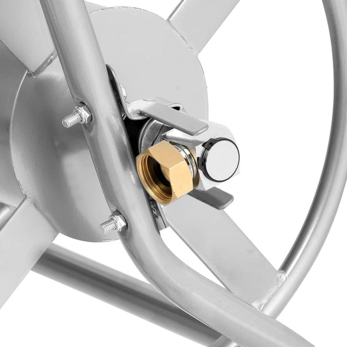 Garden hose reel cart coupling with brass inlet on metal reel frame
