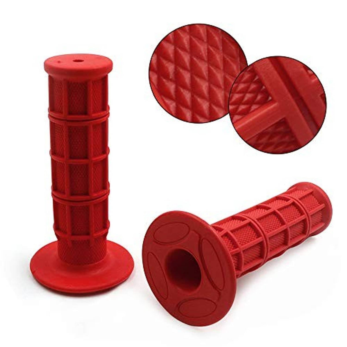 Red motorcycle handlebar grips with textured knurling and large end cap