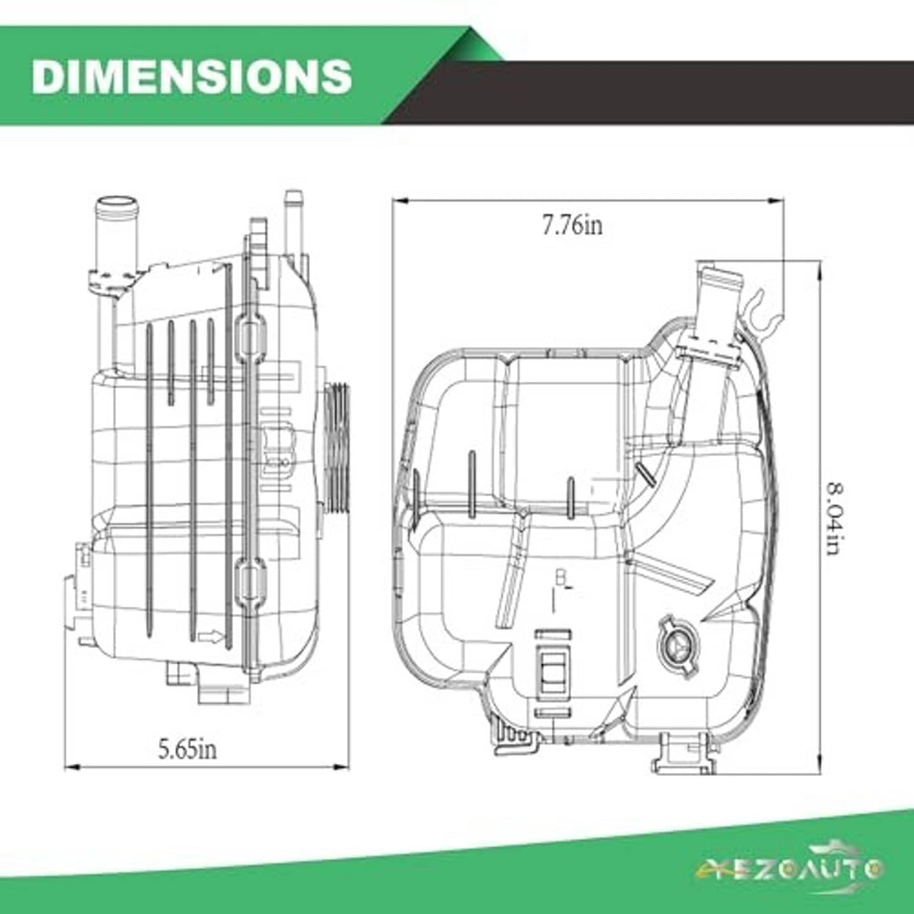 Coolant reservoir dimensions line drawing with labeled side and front measurements