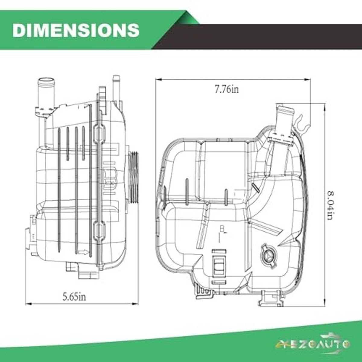 Coolant reservoir dimensions line drawing with labeled side and front measurements
