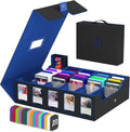 Blue trading card storage box with 5-row card deck case, open with colorful dividers