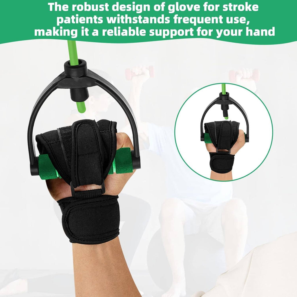 Black finger splint glove on hand with green support frame and wrist closure straps