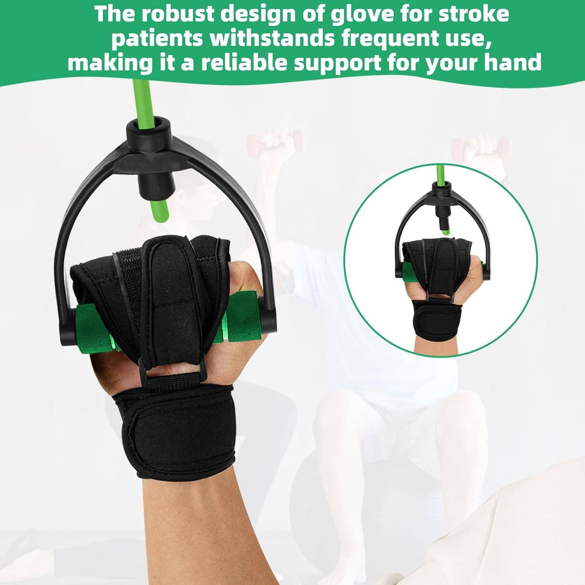 Black finger splint glove on hand with green support frame and wrist closure straps