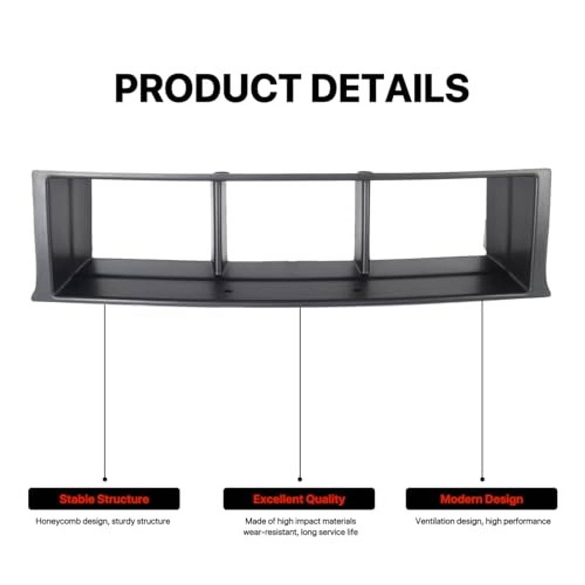 Black grille trim panel with three rectangular openings, product detail view