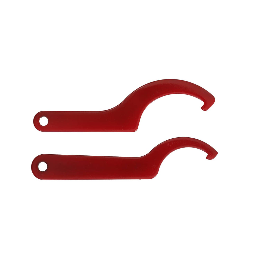 Pair of red metal brackets/tools with round mounting holes and bent ends