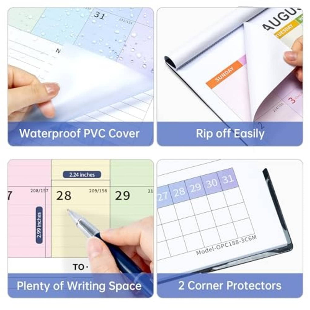Calendar feature graphic: waterproof PVC cover, easy tear, corner protectors