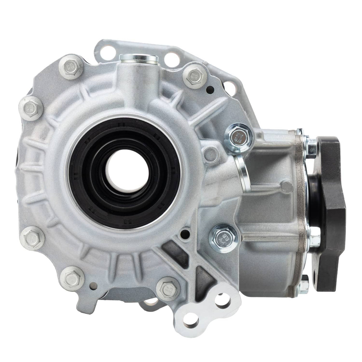 Transfer case assembly with circular opening and silver metal housing