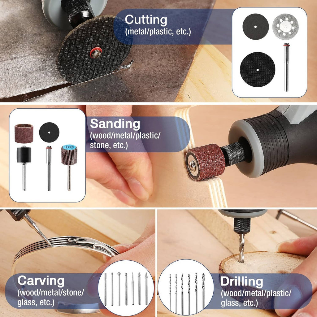 Rotary tool accessory set showing cutting, sanding, carving, and drilling disc wheels
