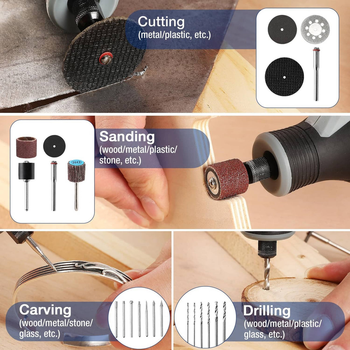 Rotary tool accessory set showing cutting, sanding, carving, and drilling disc wheels
