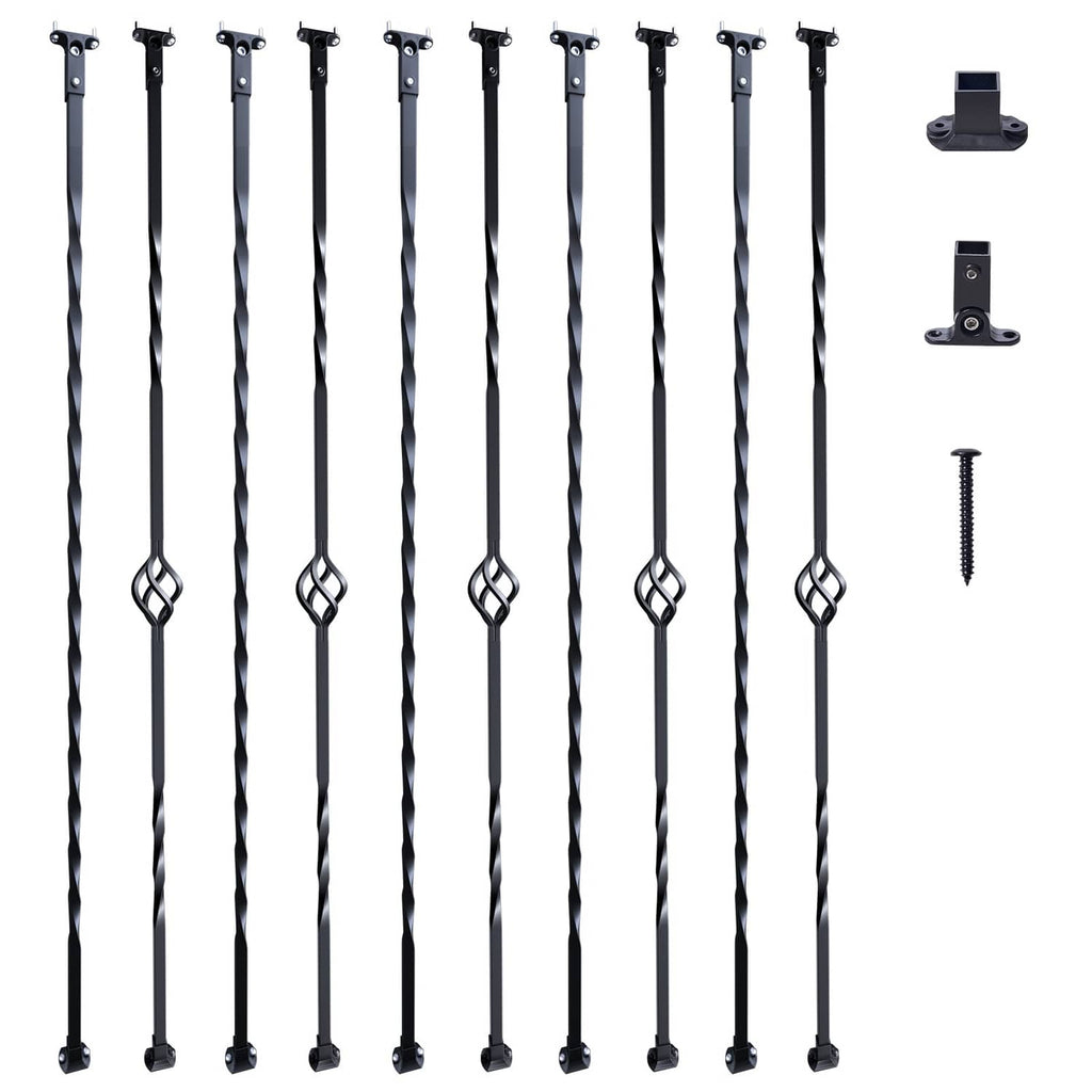 10 matte black twist deck balusters with basket rings plus mounting brackets and screws