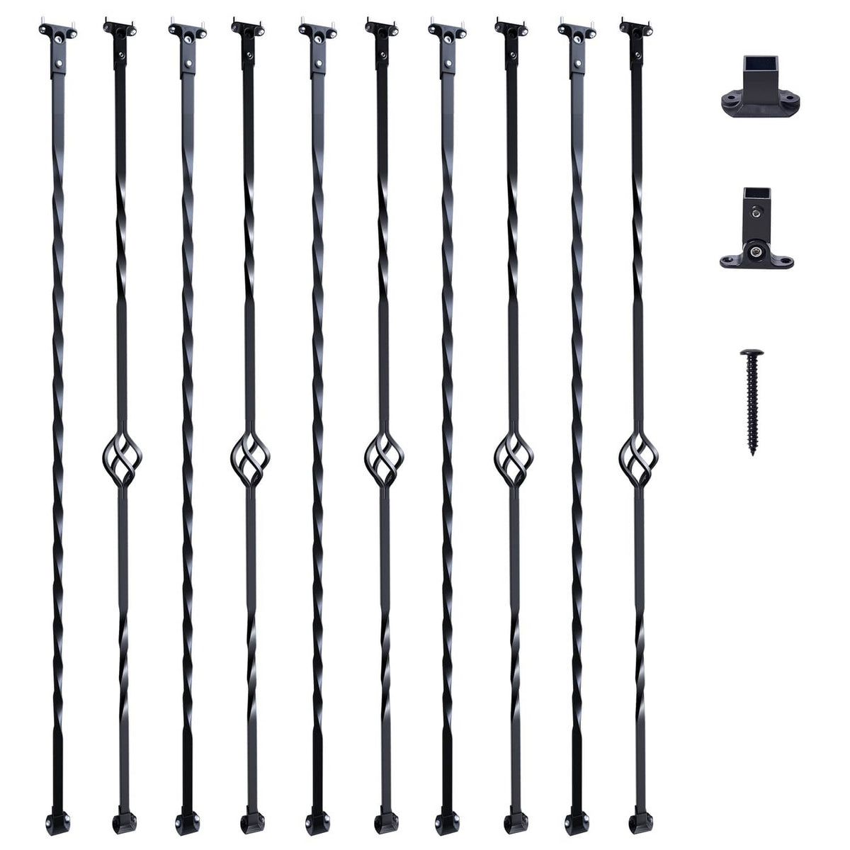 10 matte black twist deck balusters with basket rings plus mounting brackets and screws