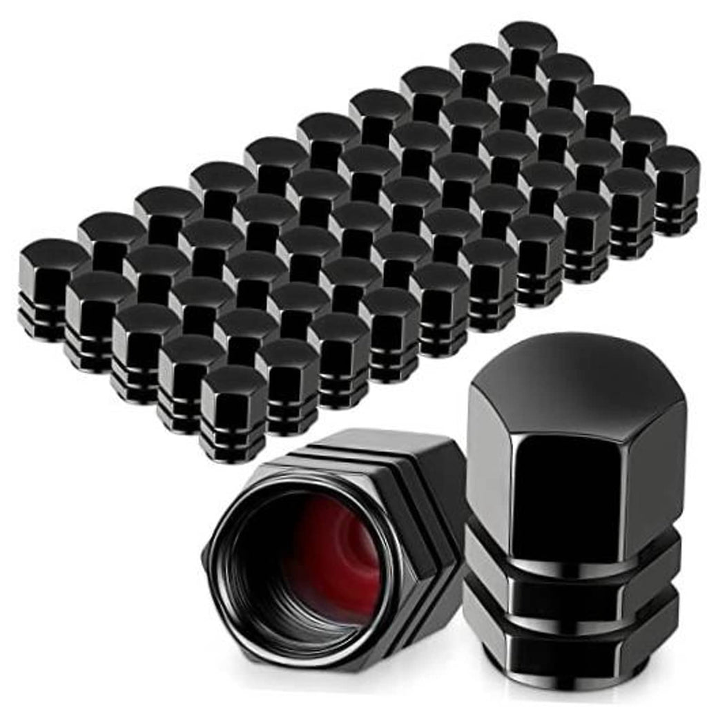 Set of black hexagonal metal tire valve stem caps with inner rubber seal