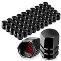 Set of black hexagonal metal tire valve stem caps with inner rubber seal