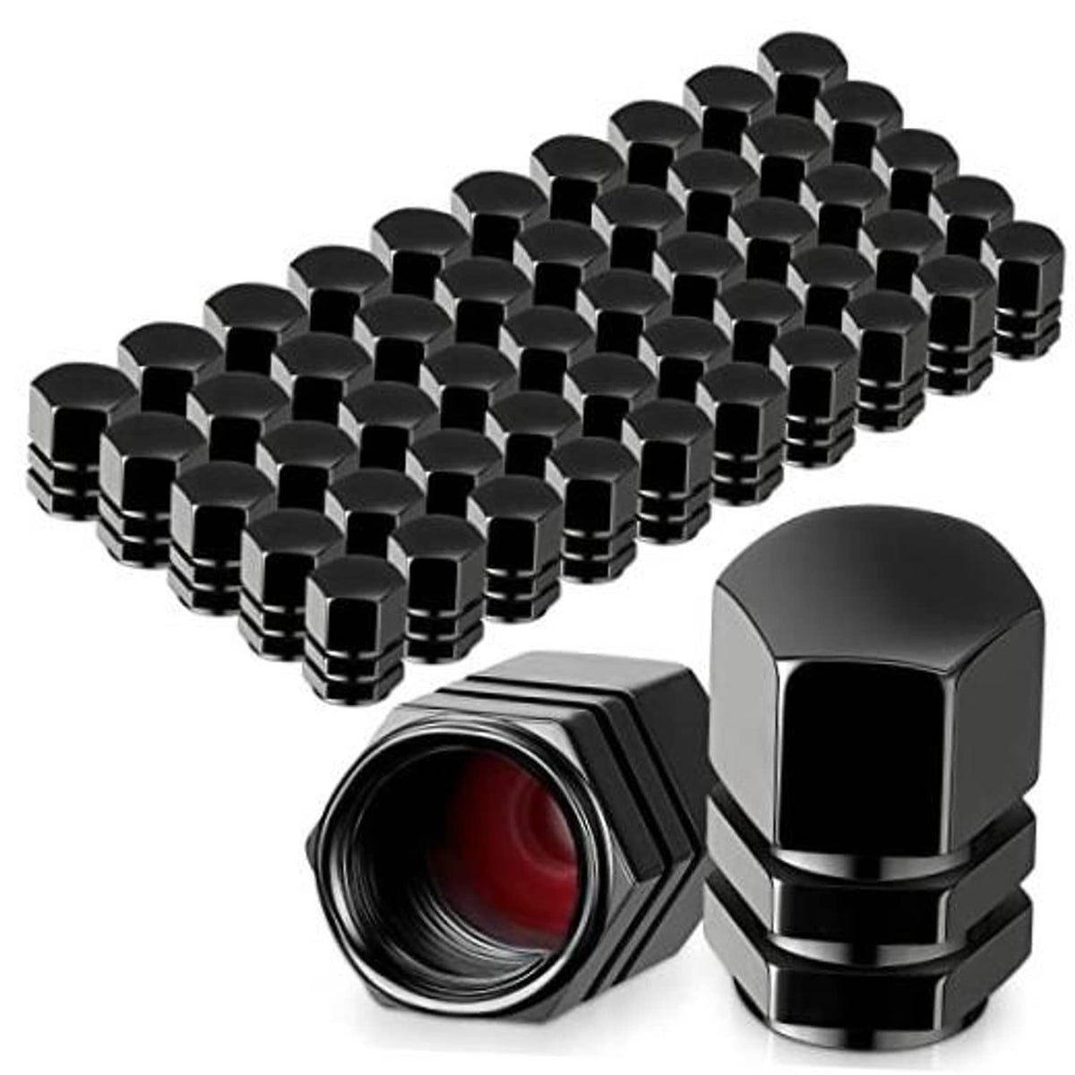 Set of black hexagonal metal tire valve stem caps with inner rubber seal