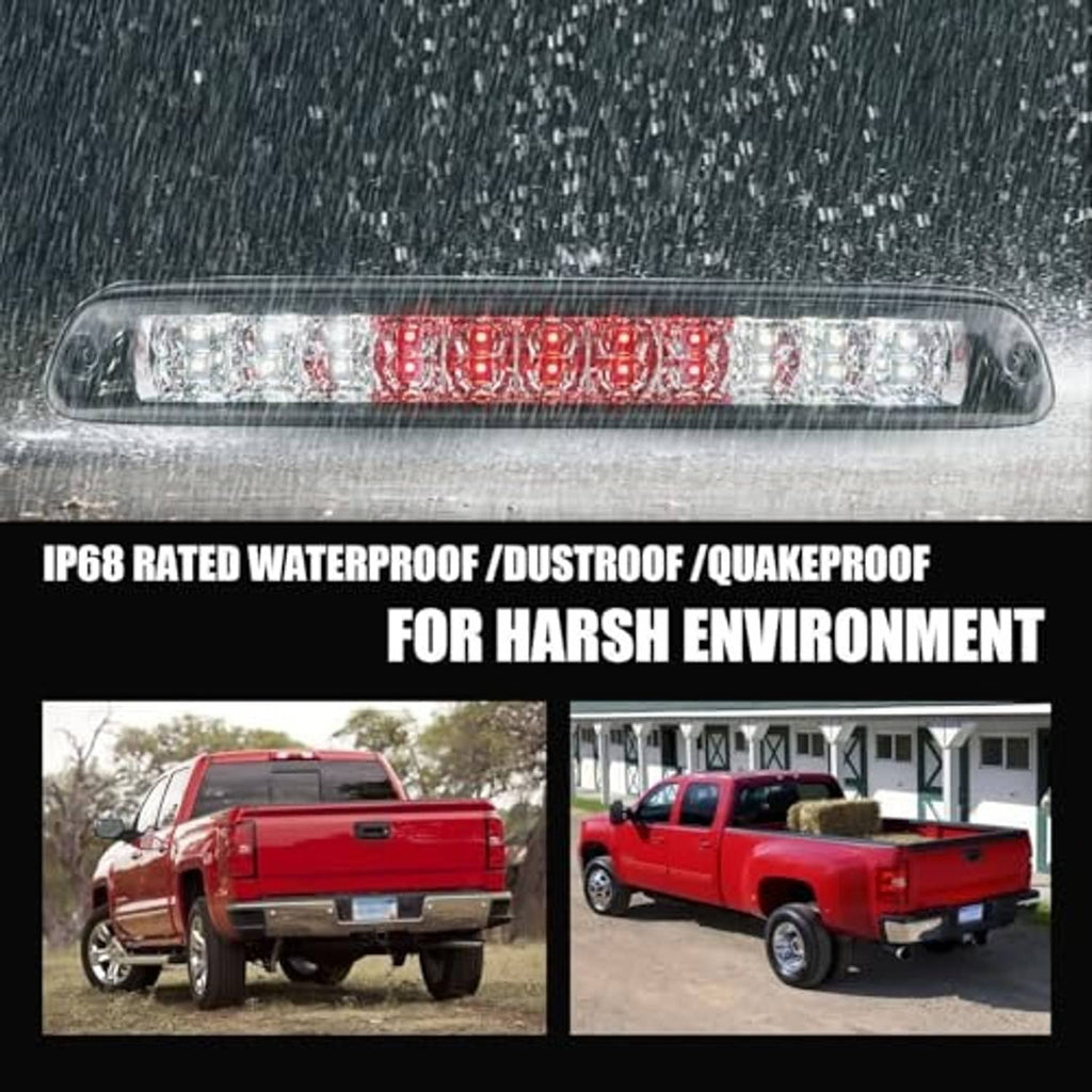 LED third brake light bar with clear lens and red LED grid, shown outdoors in rain