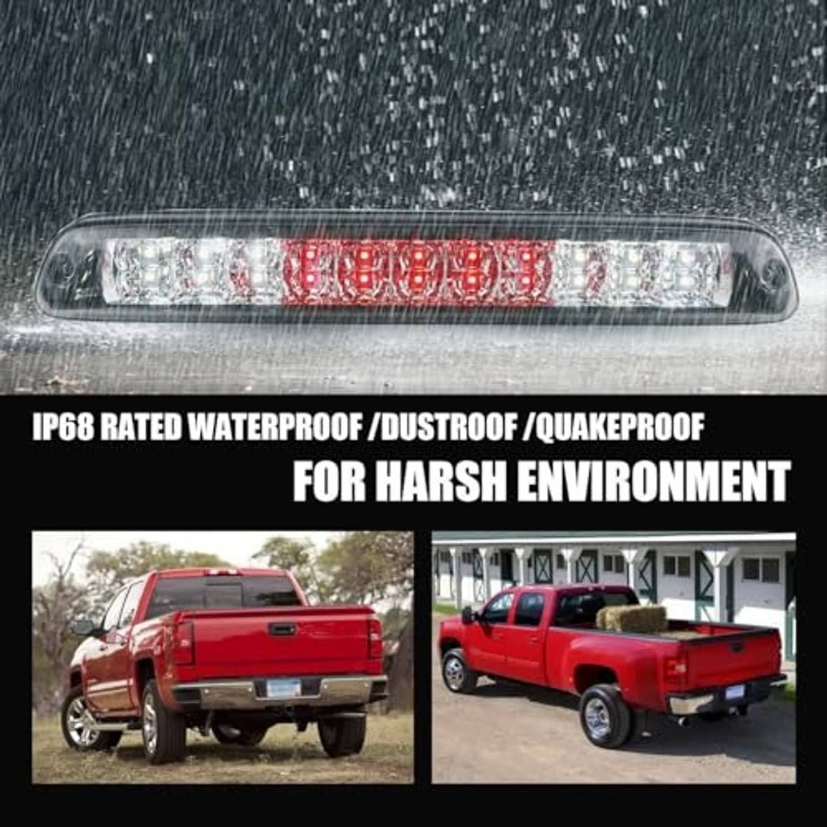 LED third brake light bar with clear lens and red LED grid, shown outdoors in rain