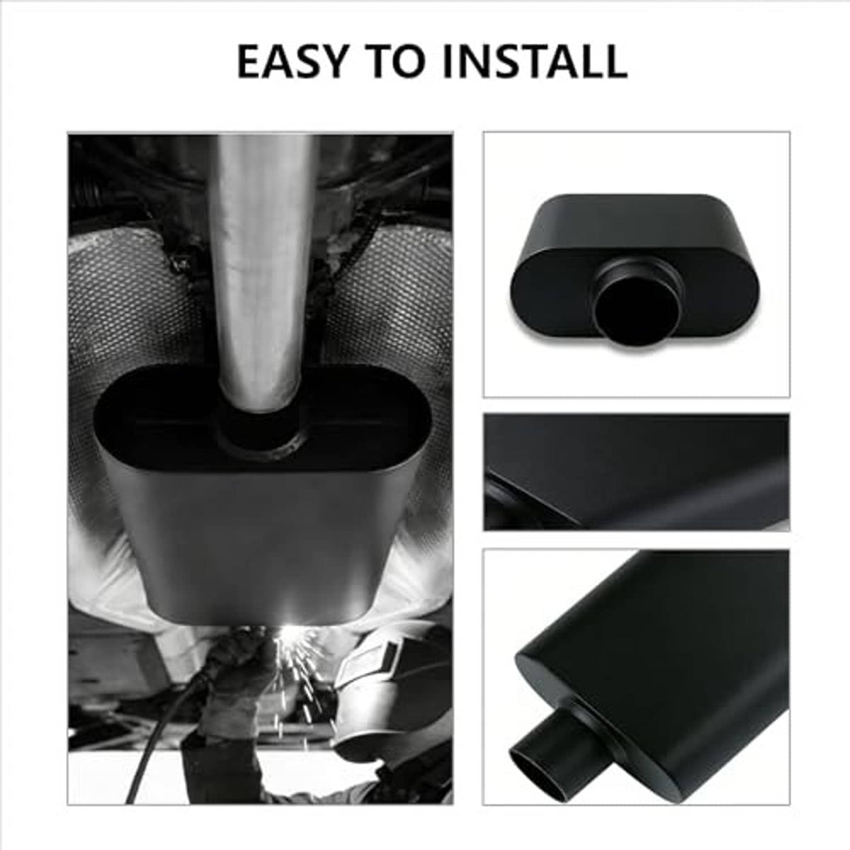 Black muffler end with circular outlet opening and short side tube