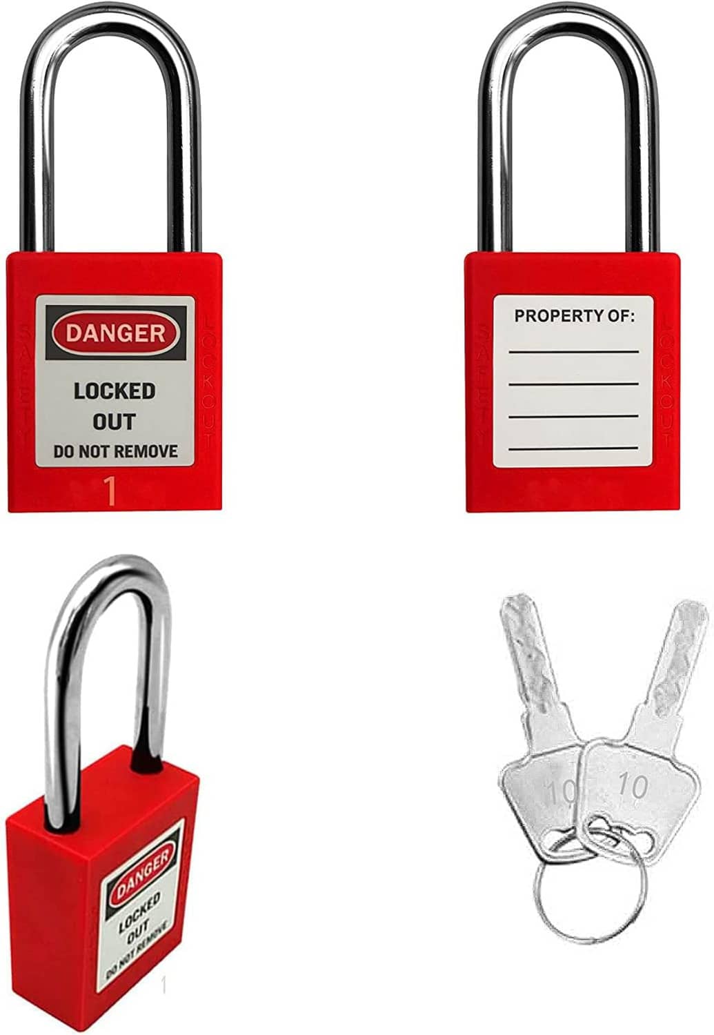 Red lockout padlock with Danger Locked Out label, plus key ring and spare keys