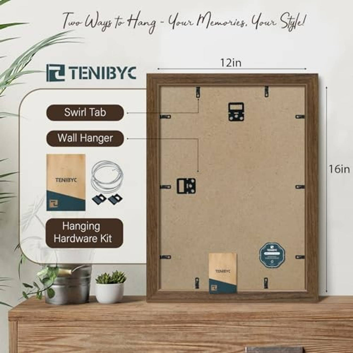 Brown 12x16 picture frame back view with wall hanger and hanging hardware kit
