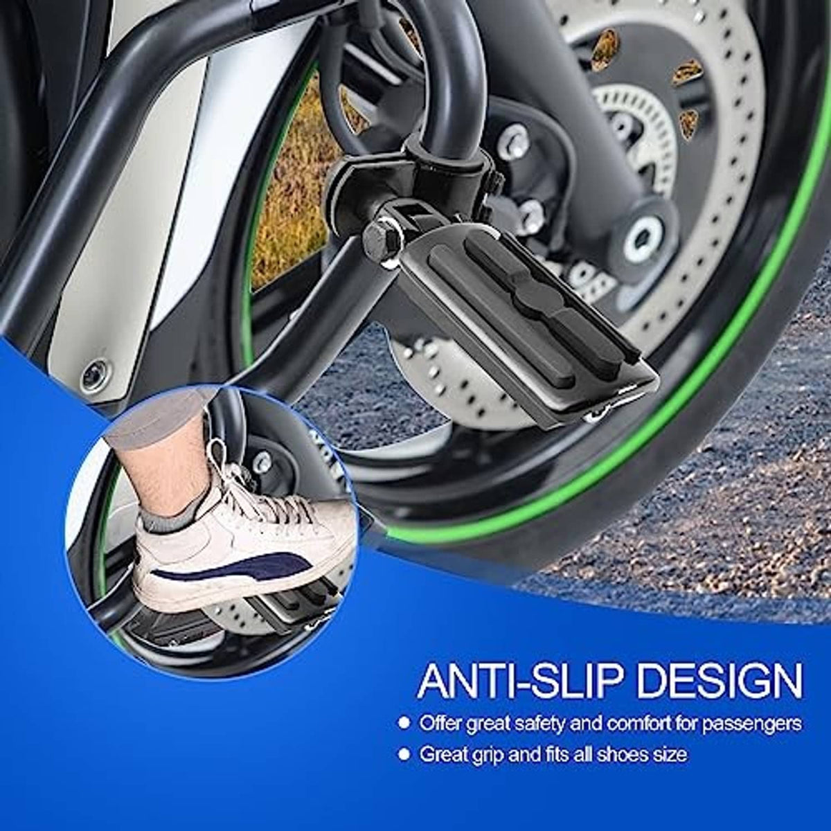 Black slotted motorcycle highway foot peg with step pad, rider boot resting