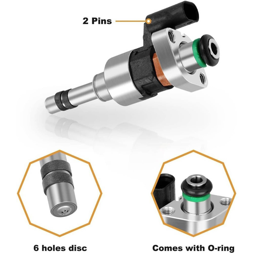 Fuel injector with two-pin connector, silver body, green O-ring, black cap
