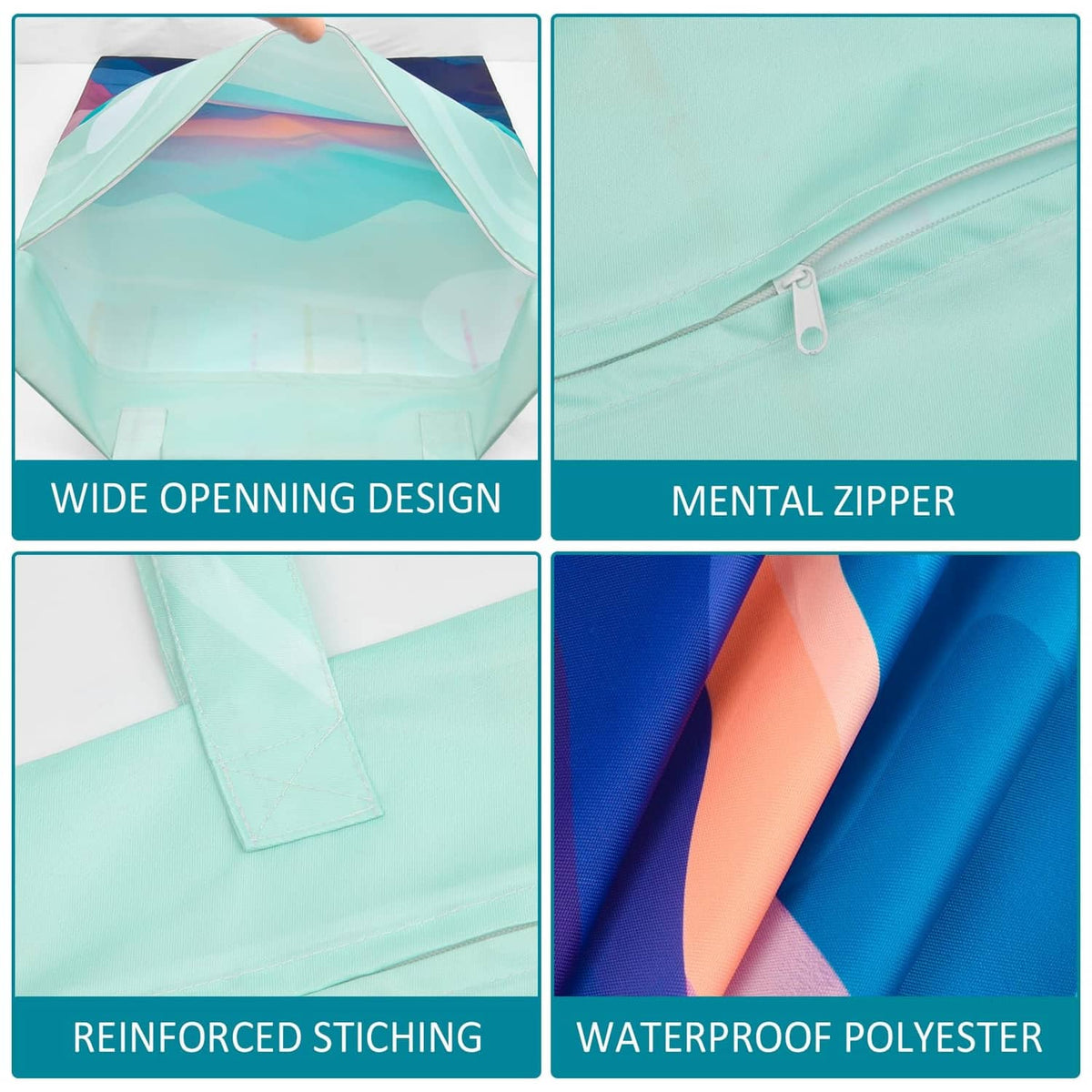 Mint landscape waterproof laundry bag with zipper, handle, and wide open top